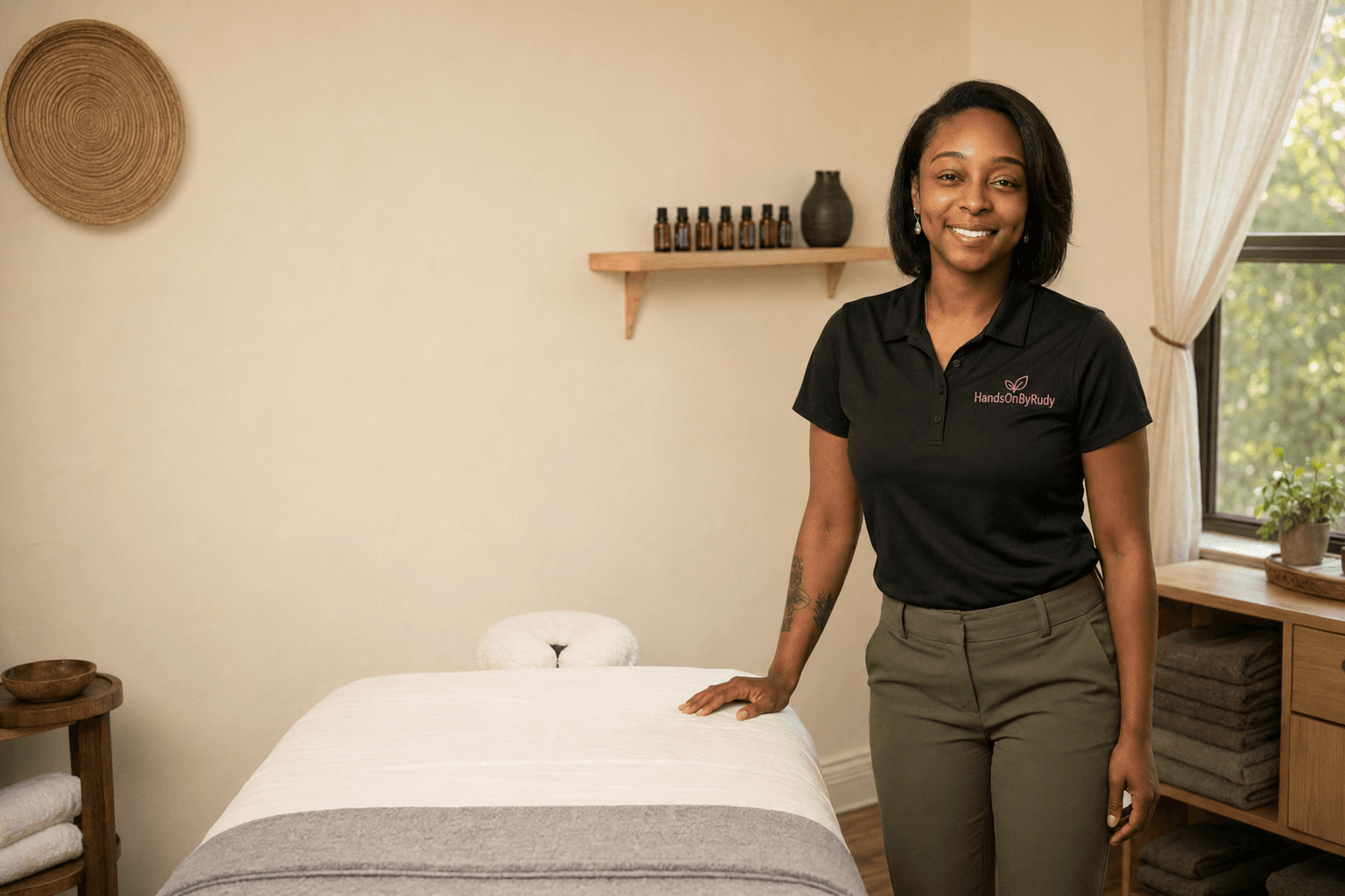 Rudy standing beside a made massage table in her treatment room